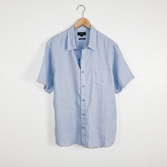 VINCE $195 Linen Short-Sleeve Shirt Button up in Glacier Blue size L Classic Fit - Picture 1 of 6
